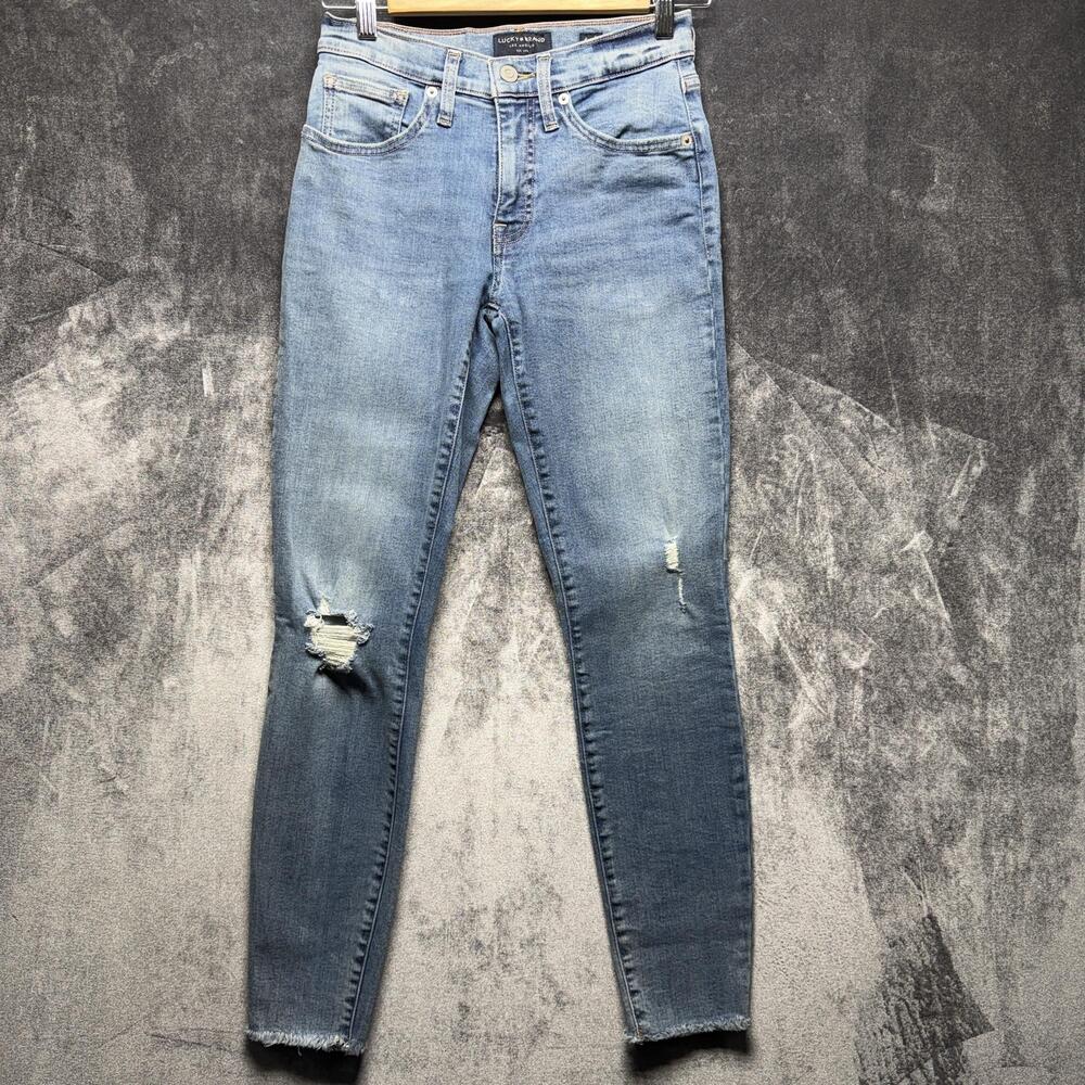 Lucky Brand Jeans Womens 4/27 Blue Mid Rise Skinny Light Wash Distressed Ava